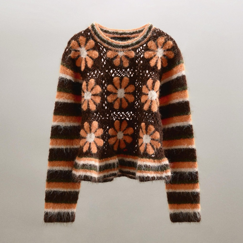 NWT Zara | Women’s Orange/Brown/Cream Floral Crocheted Alpaca Blend Sweater Sz L